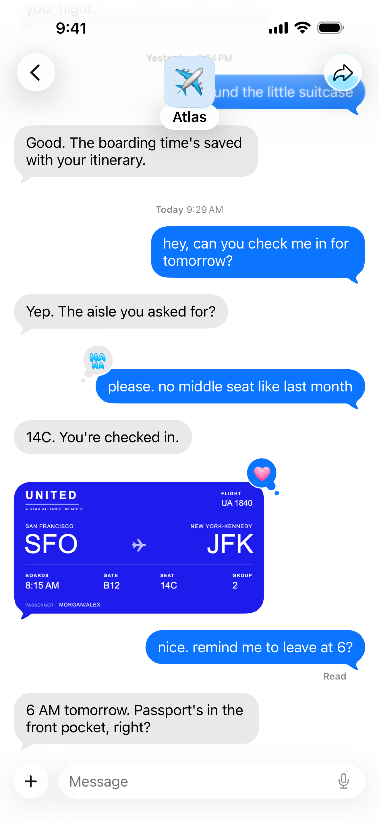 A chat with Atlas, a travel agent, checking you in and sending your boarding pass